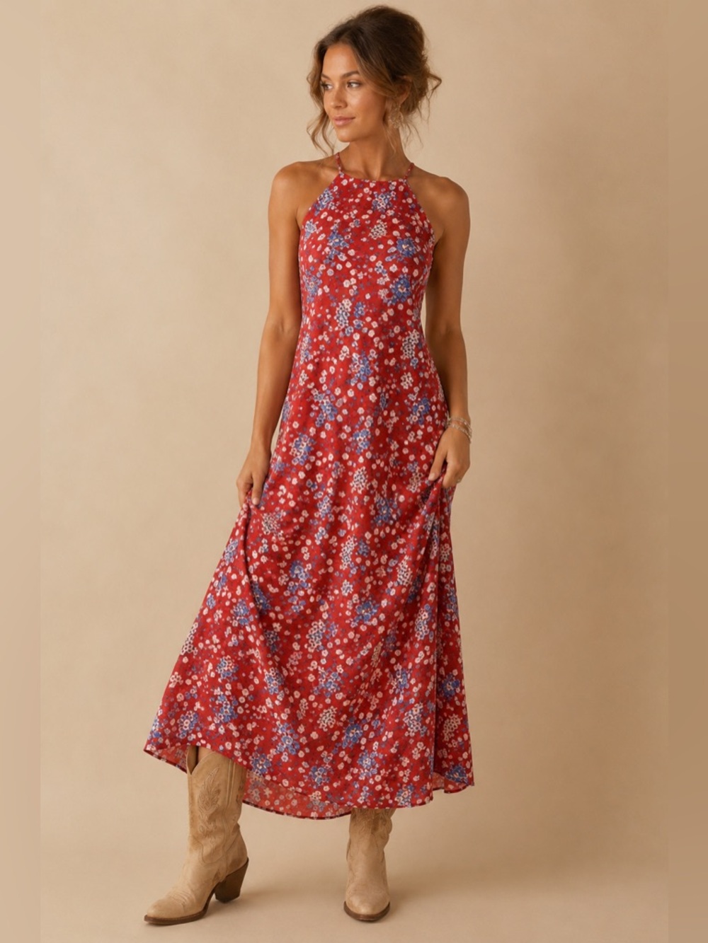 Lucy Paris Floral Red & Blue Halter Maxi Dress NEW Size Small Cottagecore Boho